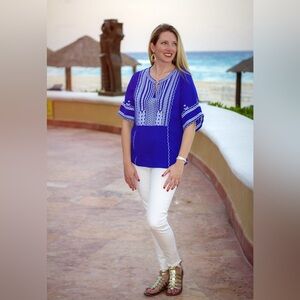 Skies Are Blue Embroidered Blue and White Blouse